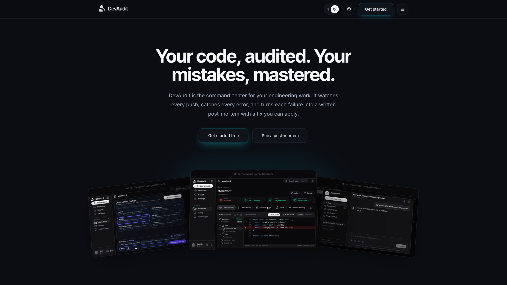 DevAudit’s website and live engineering dashboard preview